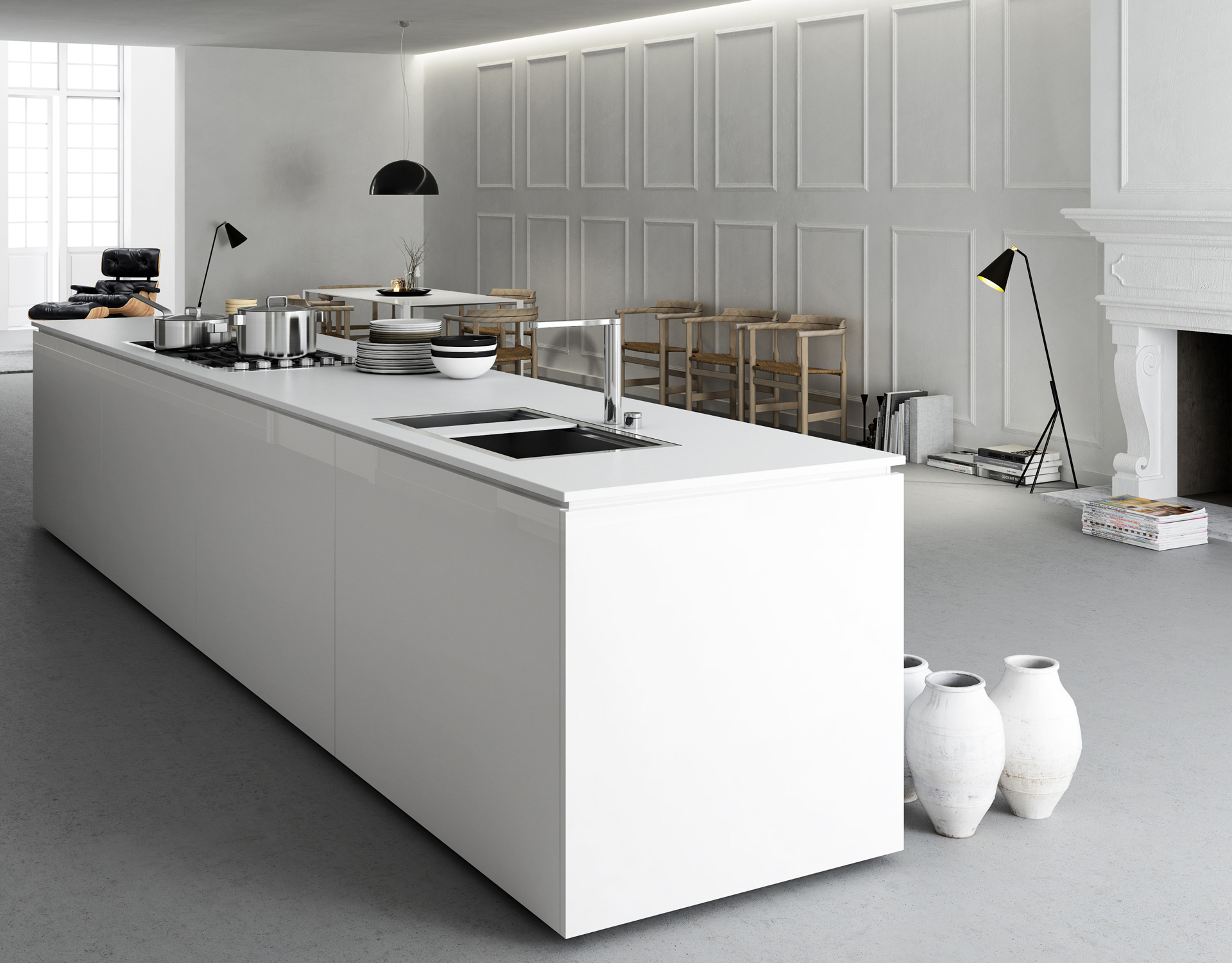 rendering fotorealistico della zona cucina e living della casa di Alessandro e lucia progettata da Francesco Aureli