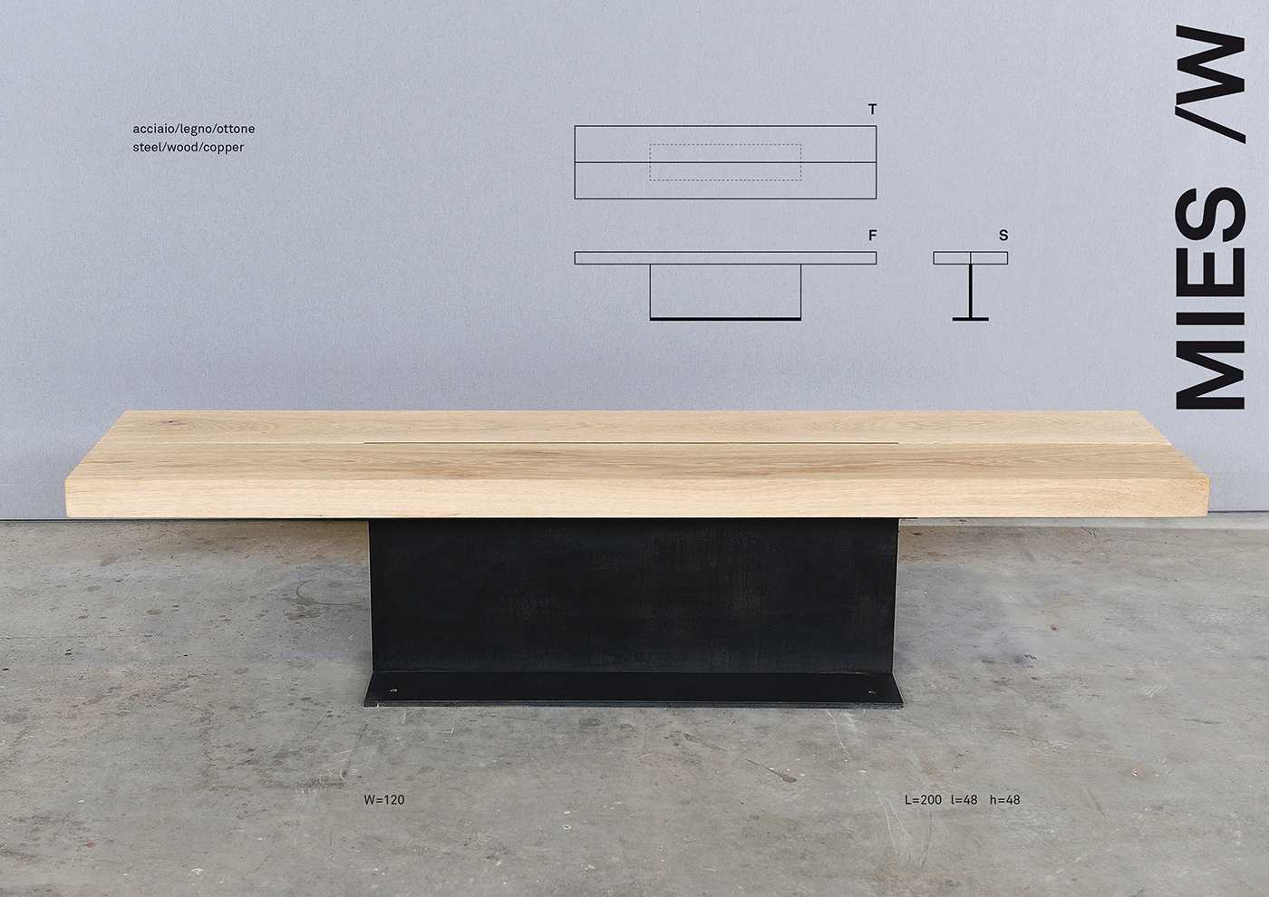 MIES design di una panchina in acciaio e legno disegnata da Francesco Aureli