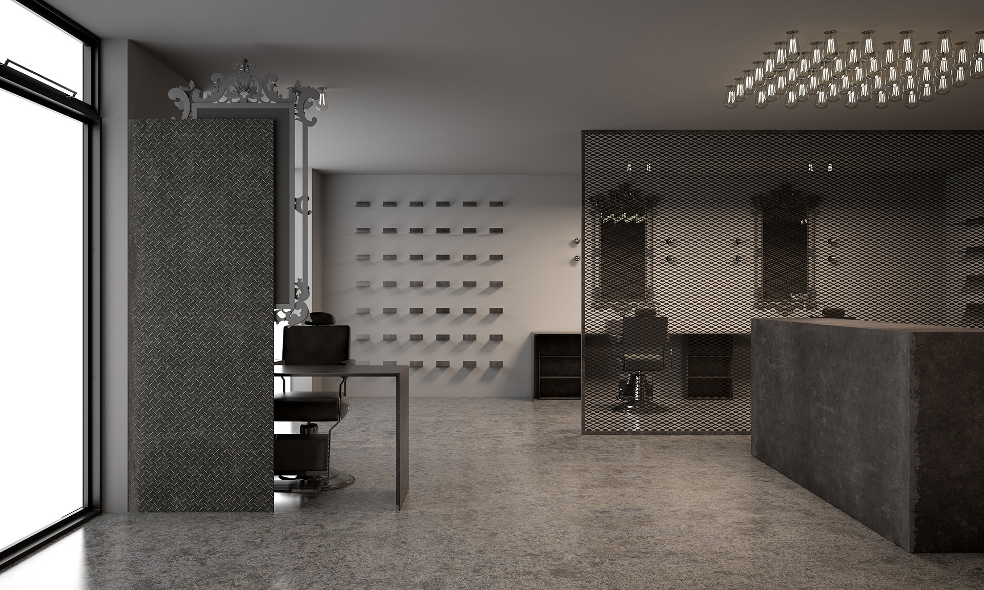 modellazione 3d e rendering di un Barber shop in Toscana progettato da Francesco Aureli