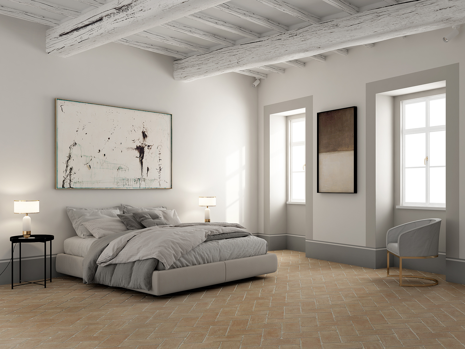 rendering fotorealistico della camera da letto principale cucina di un palazzo storico, progettata da Francesco Aureli