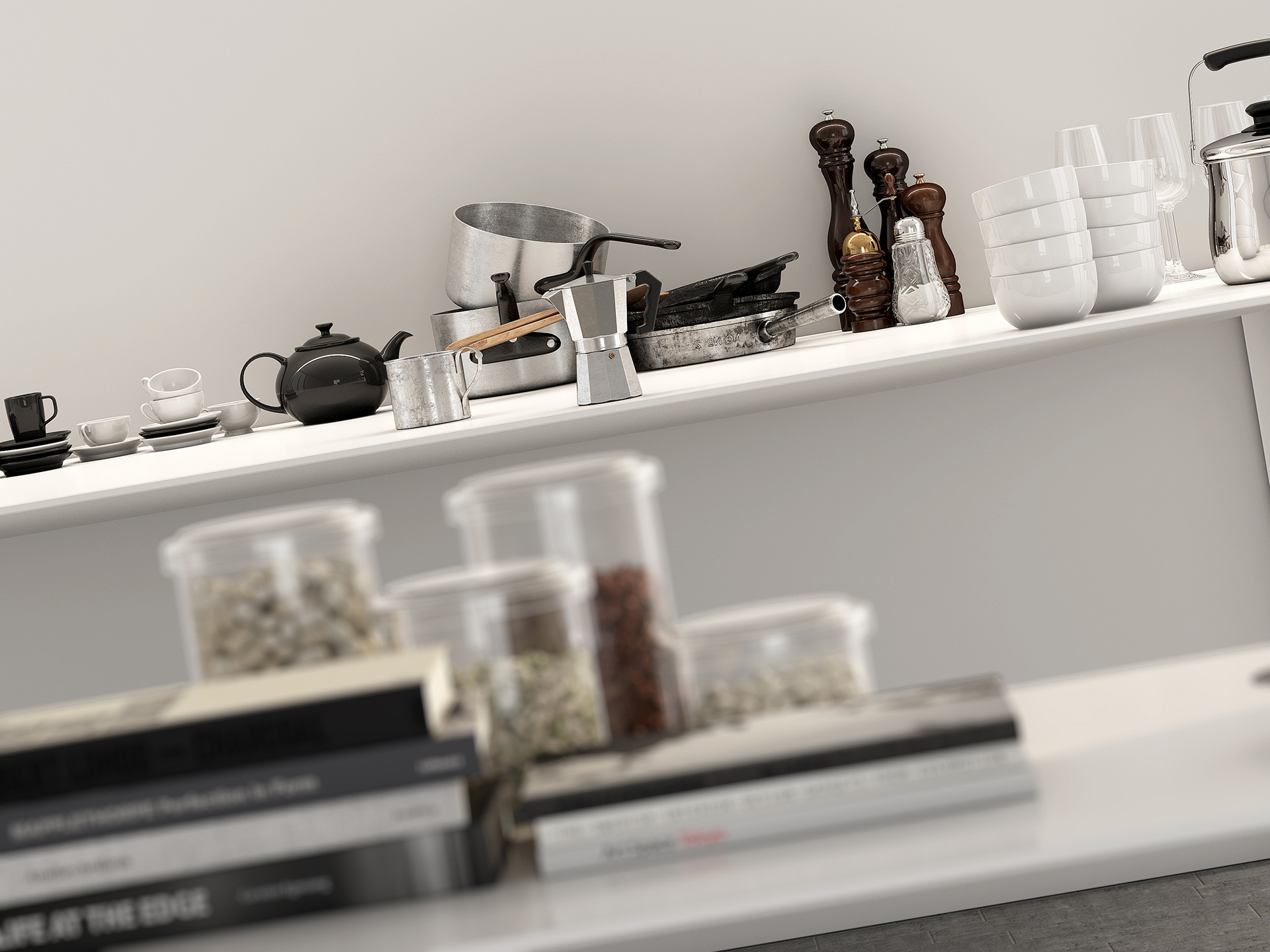 progetto e rendering fotorealistico di un set cucina con i suoi complementi di arredo